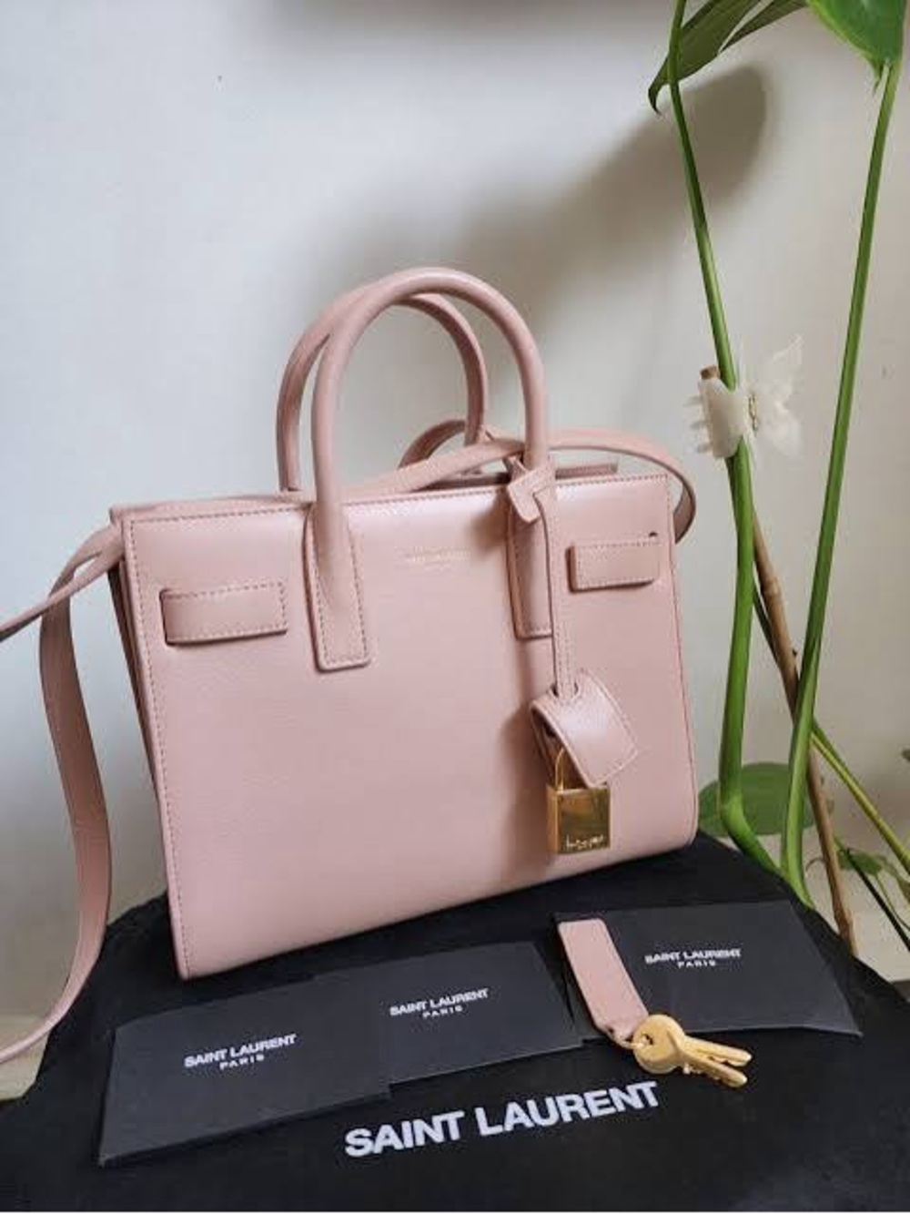 Saint Laurent Blush Pink Leather Satchel with Gold Padlock